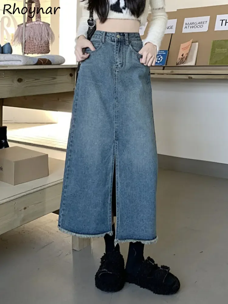 

Midi Skirts Women Denim Blue Front-slit Chic Ulzzang Students American Style Retro Simple Ripped Streetwear Basic A-line Fashion