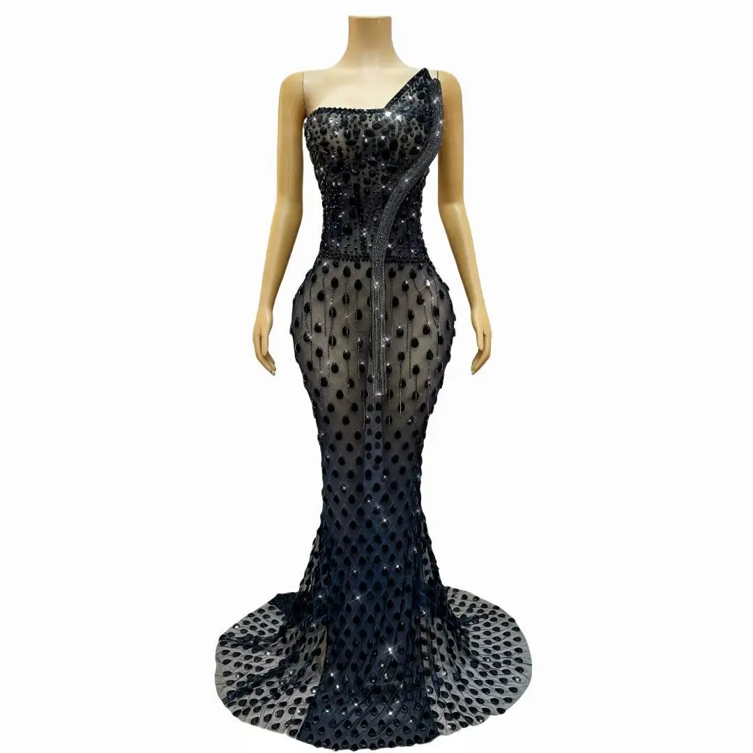 Heishe Luxury Evening Dress Sexy Black Perspective Mesh Full Diamond Long Dress homecoming Party Adult Ceremony Prom Dress