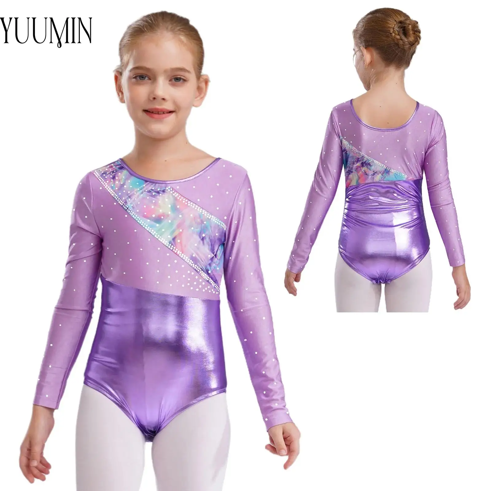 

Fashion Kids Girls Printed Rhythmic Gymnastics Leotard Ballet Performance Skating Dance Costume Metallic Rhinestones Bodysuits