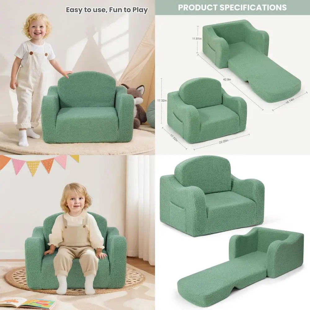 

Convertible Toddler Sofa for 1-3 Years, Plush Seat to Lounger, Unisex, Green