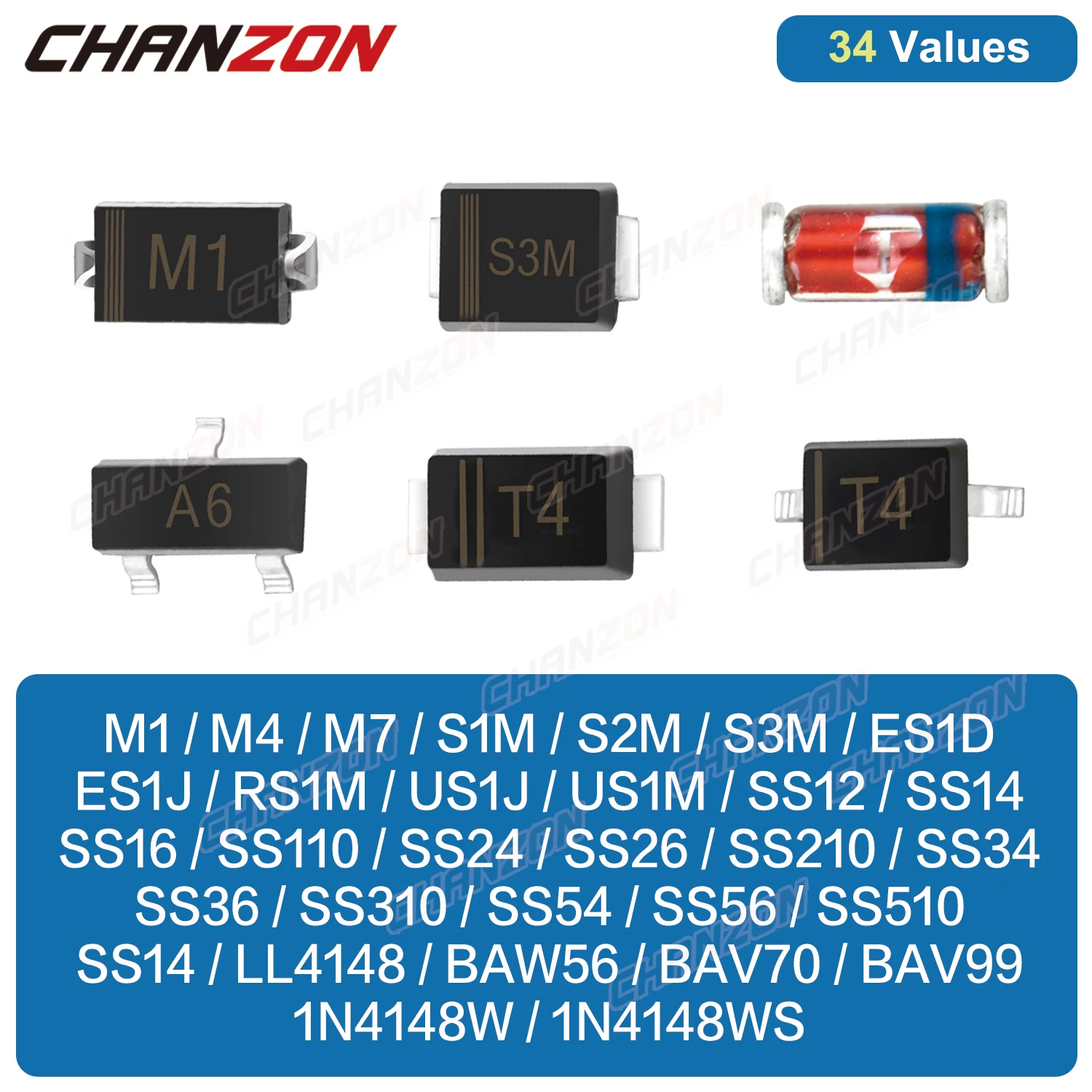 SMD Fast Recovery Schottky Barrier Switching Rectifier Diode M1 M4 M7 S1M S2M S3M RS1M US1M SS14 SS16 SS24 SS26 SS34 SS36 LL4148