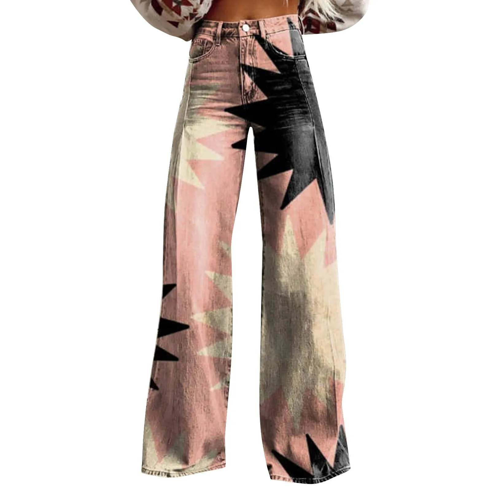 Pantalon évasé à jambes larges pour femmes, avec poches imprimées amples de style vintage, pantalon long pour femmes avec taille détendue