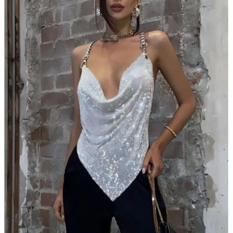 

Sexy Rhinestone Backless Party Tank Metal Chain V Neck TShirt Summer Fashion Shiny Nightclub Camis Top for Women