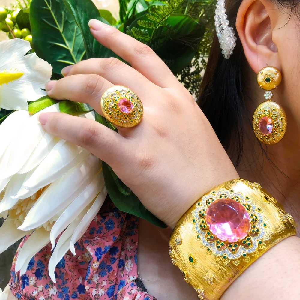 

New Trendy Luxury Vintage Golden Wide Bangle Earrings Ring Jewelry Sets For Bridal Wedding High Quality Pink Crystal Dubai Style