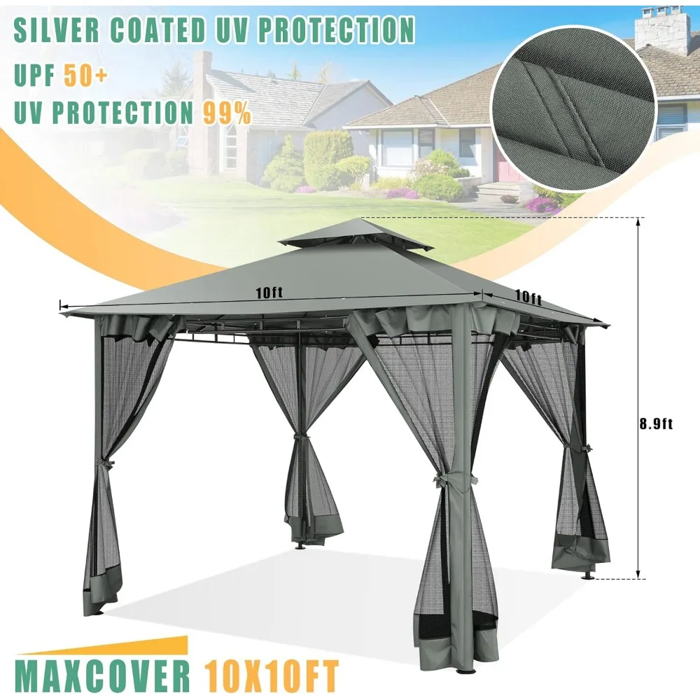 HOTEEL 10'x10' أكشاك خارجية للفناء مع شبكة، خيمة مظلة مقاومة للماء بإطار فولاذي عالي التحمل، فوز عالي