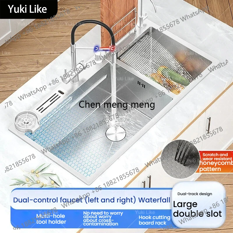 Silver 304 Stainless Steel Kitchen Sink Divided Cleaning Compartments Large Double Slot Household Waterfall Wash Vegetable Basin