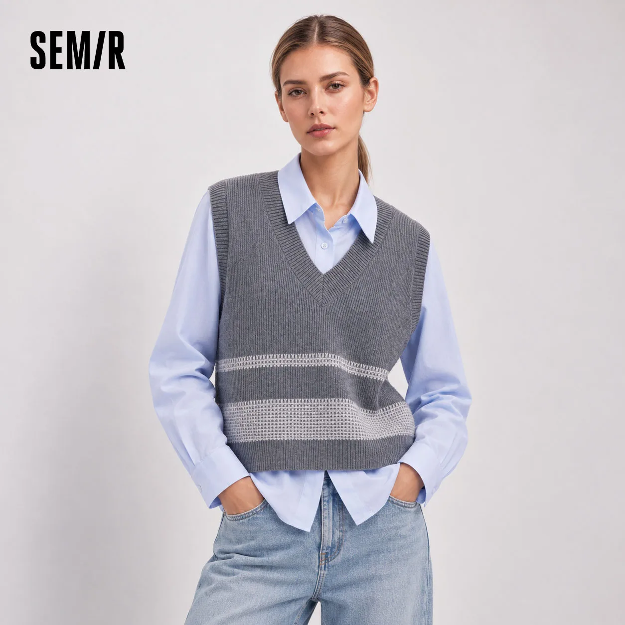 Semir Women Winter Shirt Striped V Neck Brushed Fabric Layering Minimal Design Two Piece Layering 2026 New Winter Daily Wear