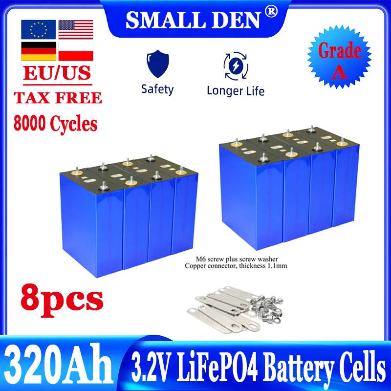 

8pcs 320Ah 8000 cycle LiFePO4 3.2V rechargeable battery, suitable for DIY 12V 24V 48V caravan marine solar energy system no tax