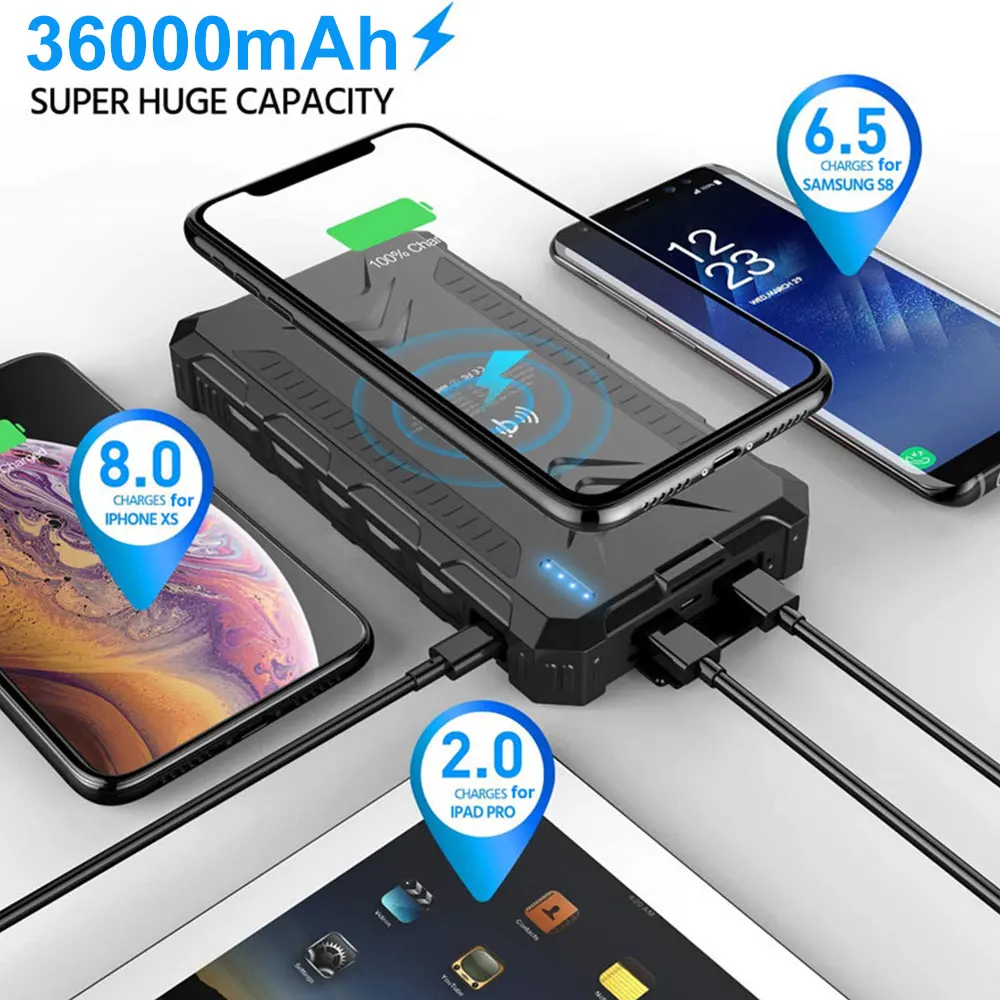 Solar Powerbank 36000mAh Solar Power Bank Fast Qi Wireless Charge Outdoor Waterproof for iPhone Huawei Xiaomi with Camping Light