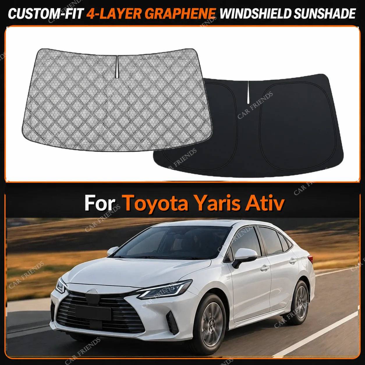 For Toyota Yaris Ativ Custom-Fit 4-Layer Graphene Windshield Sunshade Reflective Gray-Silver Surface Foldable Design