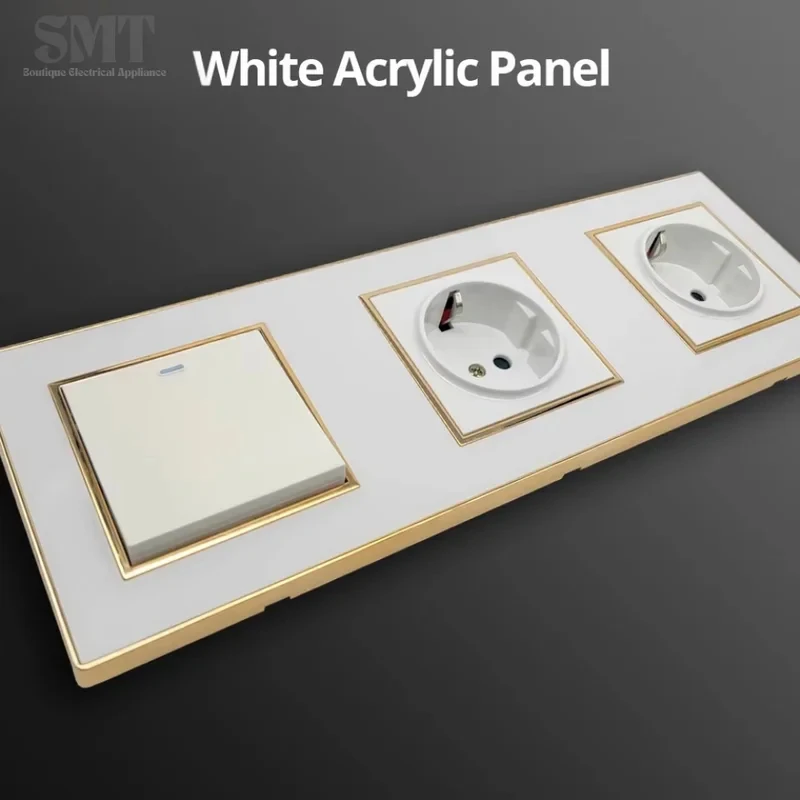 

Luxury White Acrylic Light Switch 2 Way, Double Triple EU FR Socket, DIY Wall Power Outlet 4 5 6 7 8 Gang Module Size 52*52mm