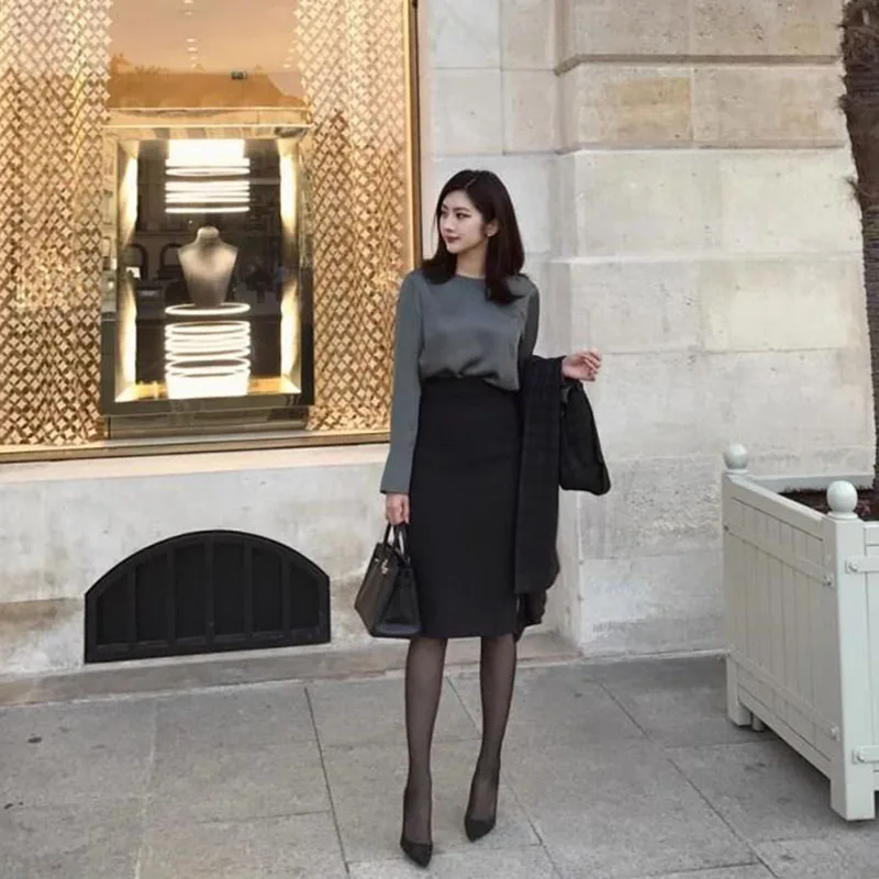 Elegante Hohe Taille Büro Dame Bleistift Rock Koreanische Mode Slim Fit Paket Hüfte Midi Röcke Frauen Einfarbig Alle-spiel Röcke – Detail 6