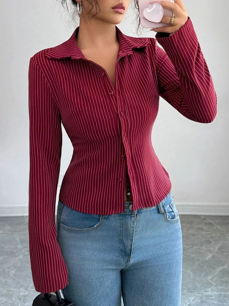 Vêtements populaires coréens pour femmes, col Blazer rayé, coupe cintrée, ourlet irrégulier, chemise pour les déplacements, Streetwear, haut à manches longues, automne