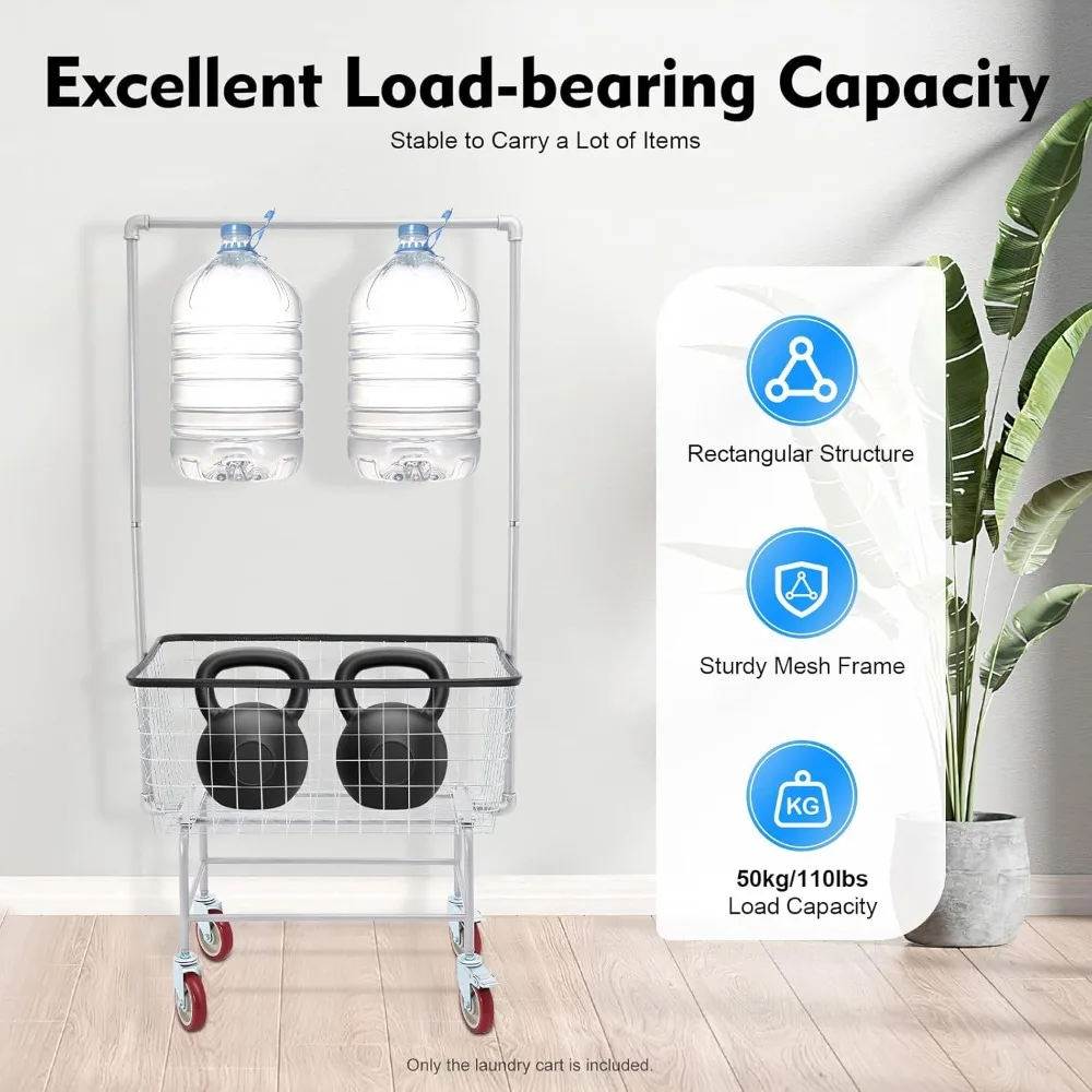 Laundry Cart with Clothes Rack, Rolling Laundry Basket with Wheels, Commercial Laundry Basket, Steel Frame with Chrome Finish