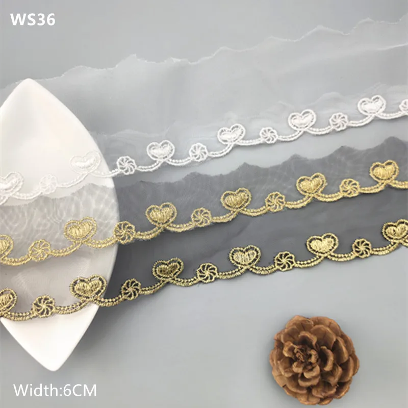 6CM Width 10Yards gold  Silver  Lolita Embroidered  Mesh Lace  heart-shaped Trims Chantilly Lace Fabric DIY Sewing accessories