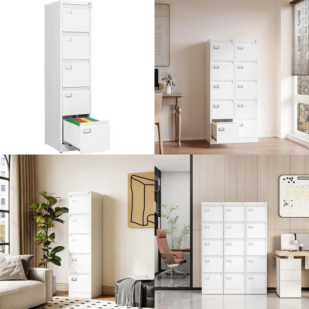 Vertical 5-Drawer Lockable Metal Filing Cabinet - White 17.8 Deep Storage for Home Office Hanging Files