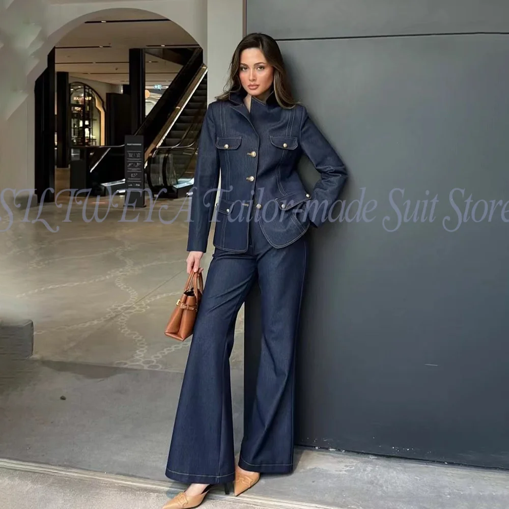 Luxury Denim Female Suit 2 Pieces Jacket Pants With Metal Buckle Smart Casual Office Lady Chic Outfits Trajes De Mujer Elegante