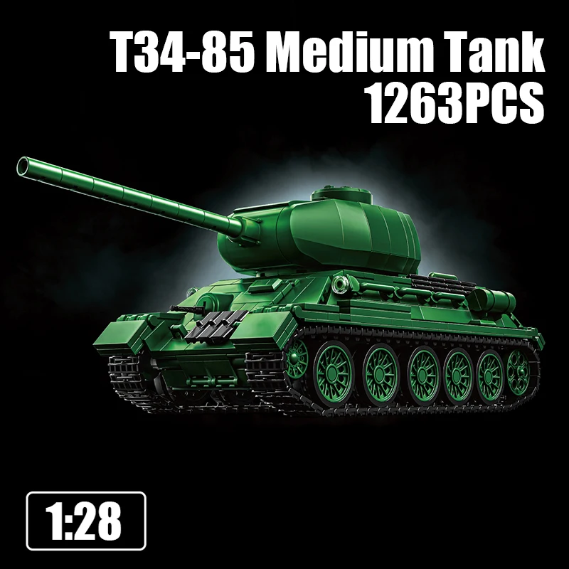 

1263PCS T34-85 Medium Tank Model Building Blocks Sets 360° Rotates Turret Assembly Armored Vehicle Bricks Toys Desk Ornament