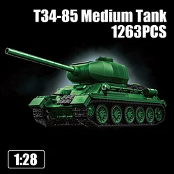 1263PCS T34-85 Medium Tank Model Building Blocks Sets 360° Rotates Turret Assembly Armored Vehicle Bricks Toys Desk Ornament