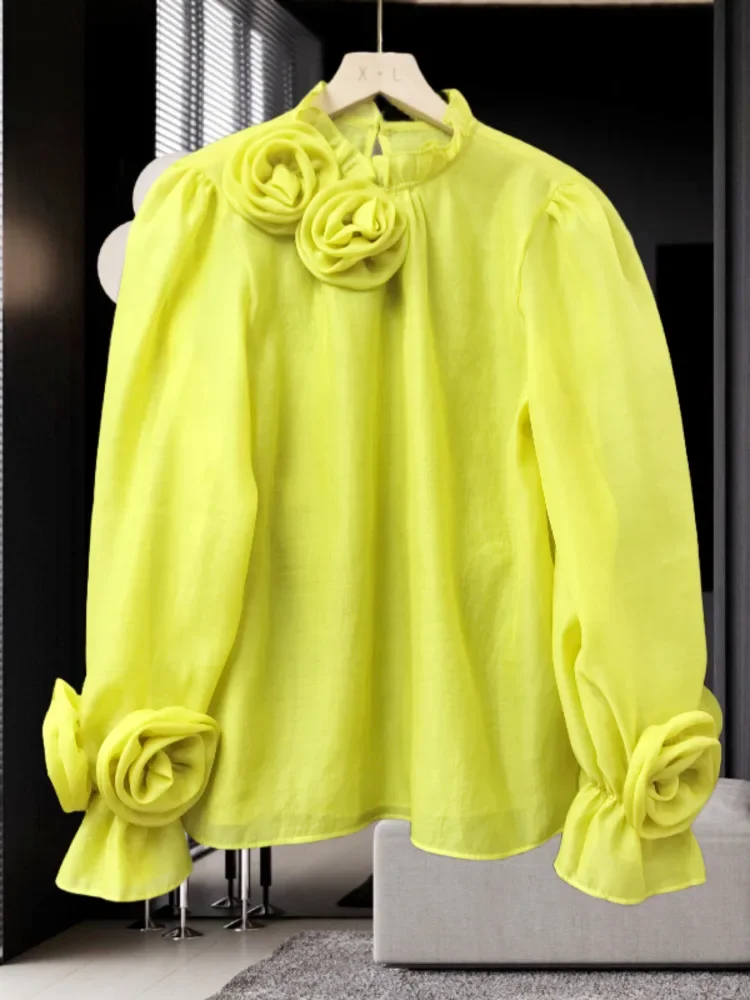 Three-dimensional Flower Stand Solid Color Chic Design Sweet Style And Youth Woman Blouses Spring Summer 2024 New