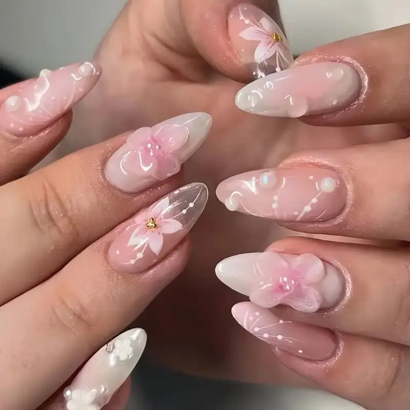 24Pcs 3D Flower Short Oval Press on Nails Summer White Bow False Nail Pink Blue Gradient Acrylic Wearable Stick-on Fake Nail Art