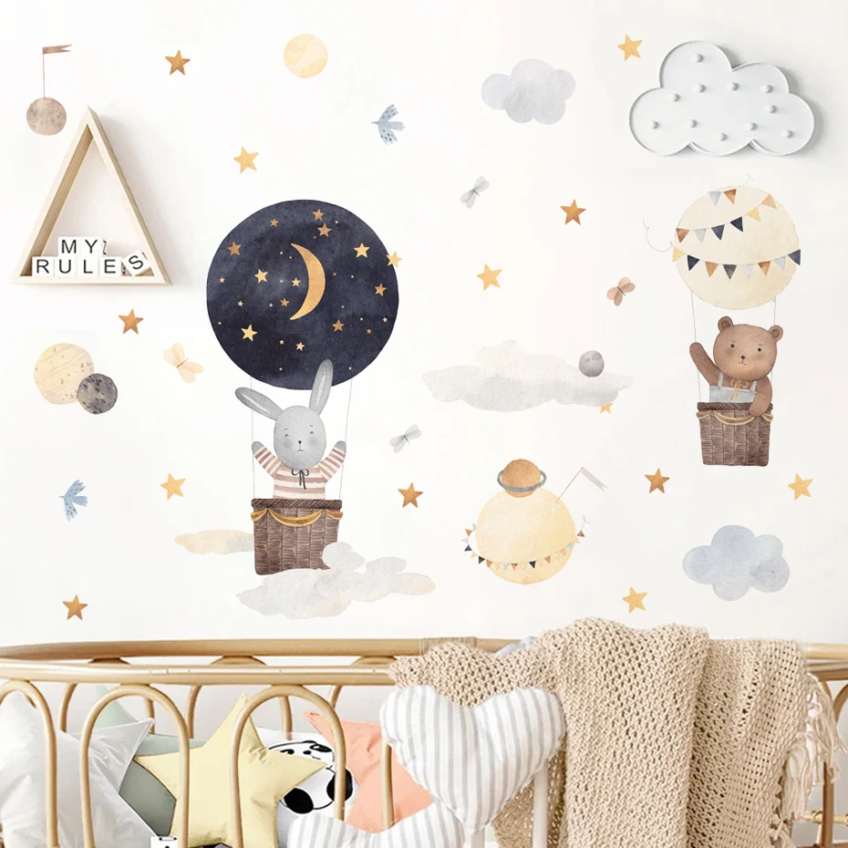 

Cartoon Cute Sky Stars Moon Animal Bunny Teddy Wall Stickers Watercolor Nursery for Kids Room Baby Room Wall Decals Home Decor