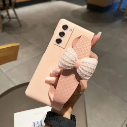 For Samsung Galaxy Z Fold 7 6 5 4 3 2 5G Phone Case Girl Fashion Cute Sweet 3D Bow Wrist Band Bracket Pink Matte Skin Cover