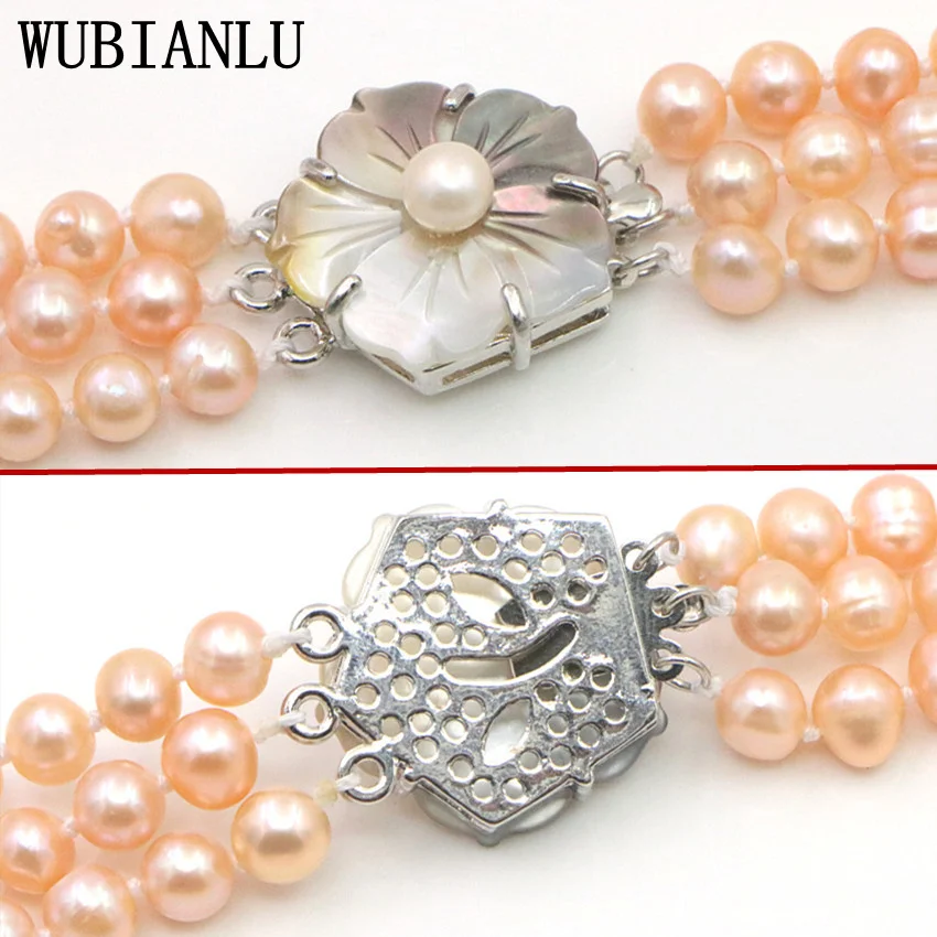 WUBIANLU 3 Row 7-8mm White Freshwater Pearl Necklace Chain Floral Buttons Jewelery Women Girl Banquet 17-19 InchFashion Charming