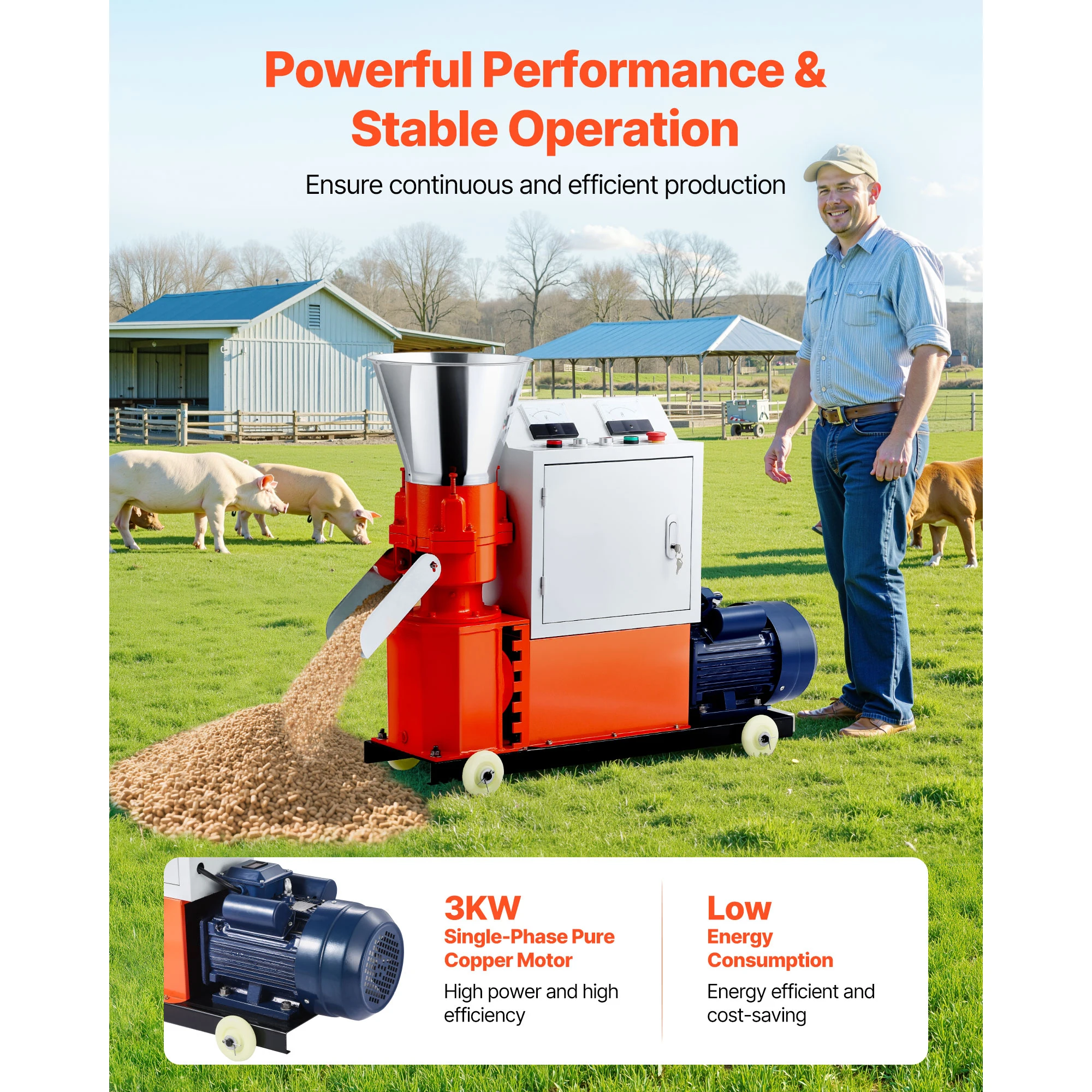Feed Pellet Mill Machine, 5 mm Animal Feed Pellet Making Machine, 3KW 240V Animal Food Granulator Mill Machines with 3 Pressure Rollers & 4 Wheels, Livestock, Farm Animals, Ideal for Poultry