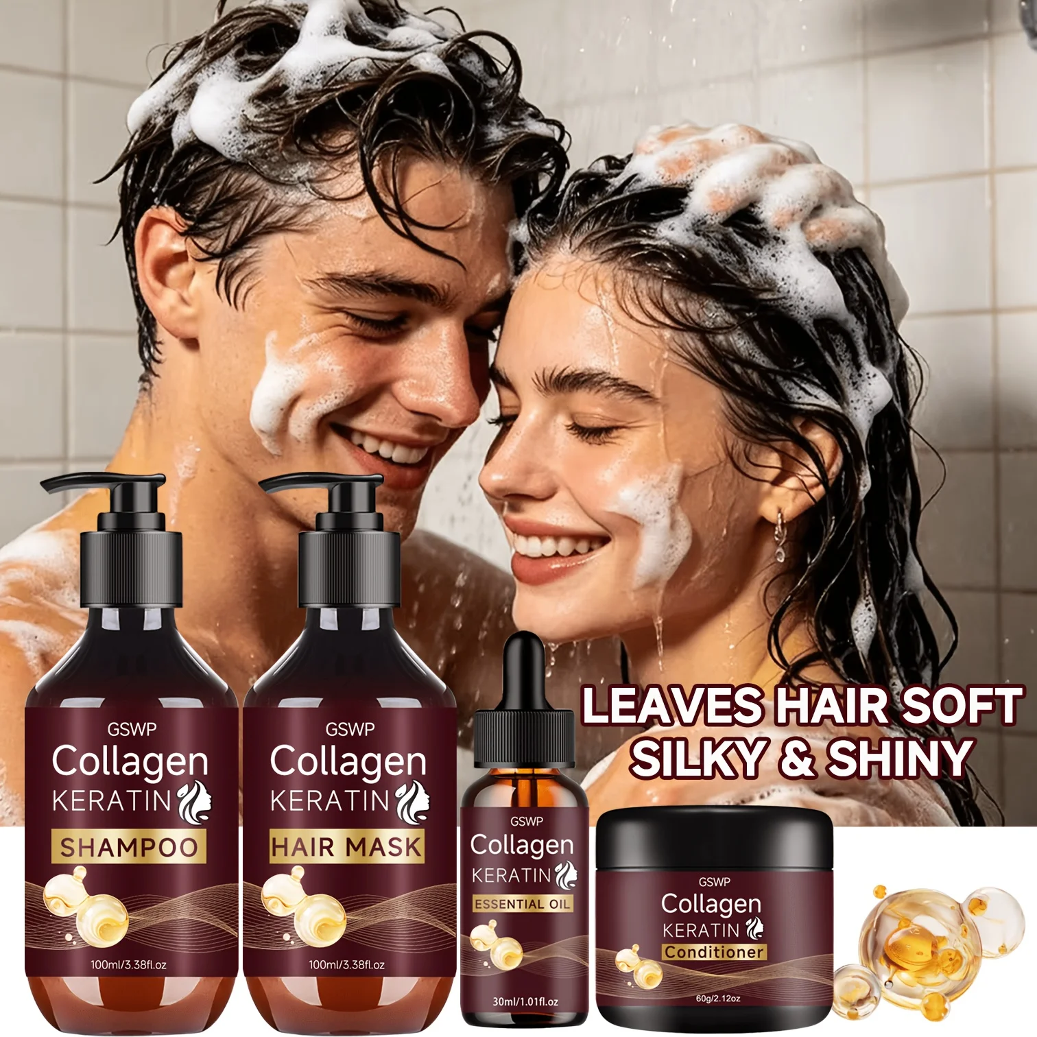 

GSWP 4-Piece Keratin Care Set: Keratin Shampoo, Conditioner, Hair Mask & Oil. Deeply cleanses and nourishes hair.