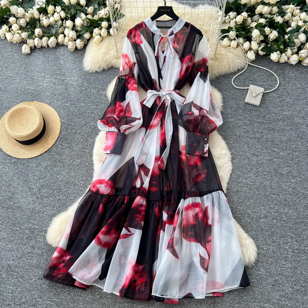 Vestido Sexy de manga larga con estampado dulce de malla, vestidos largos elegantes Vintage para fiesta de noche y Club para mujer, vestidos largos de playa de verano
