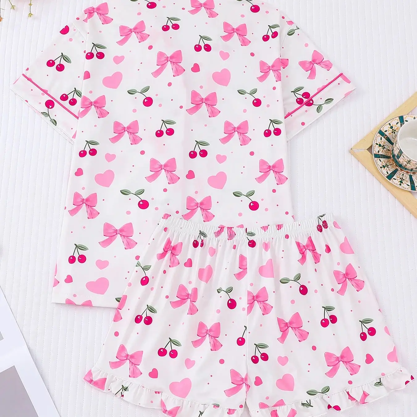 Sweet Girl Style Cherry Bow Printed Pajamas Short-Sleeved Shorts Two-Piece Set for Women, Casual Home Wear, Can Be Worn Outside