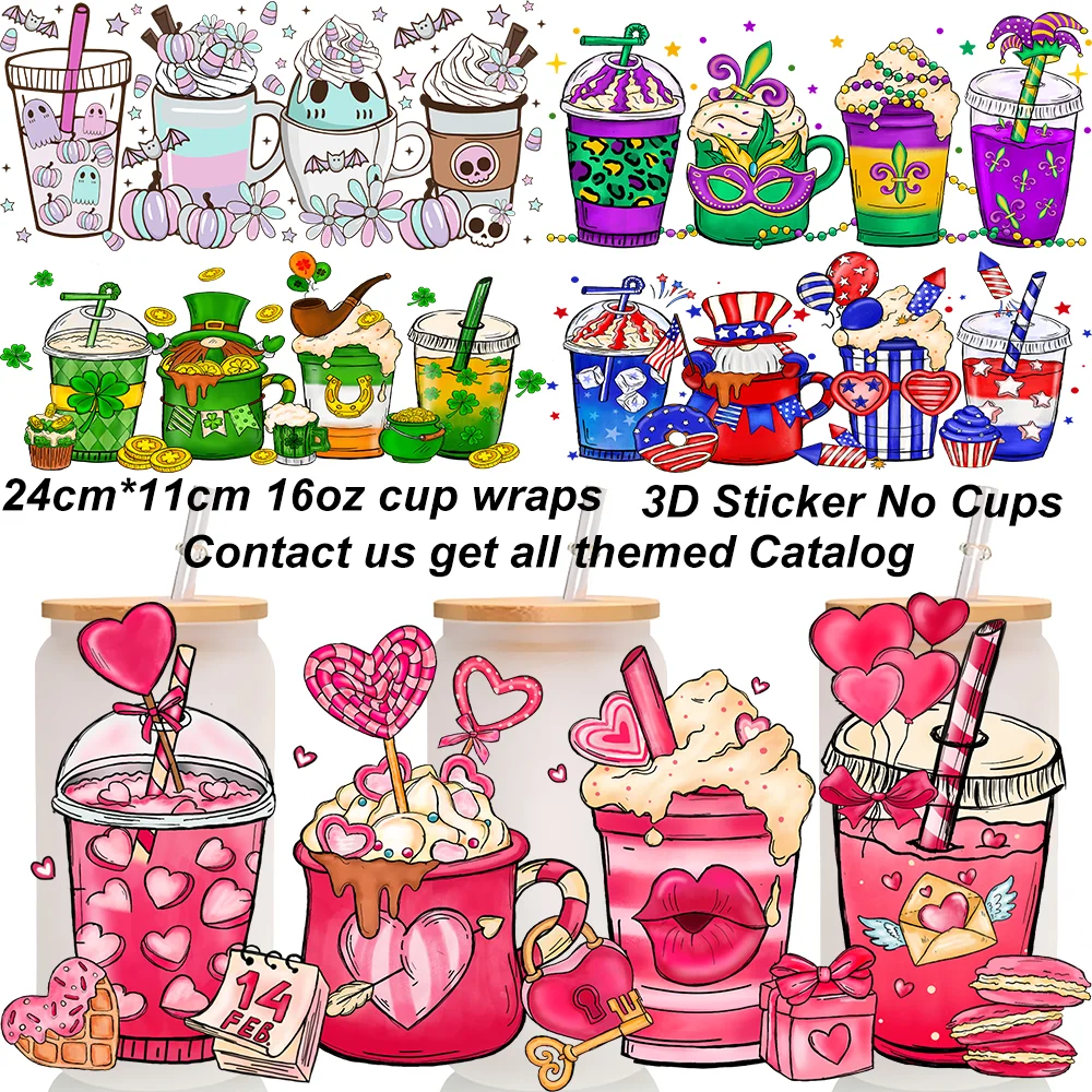 Boba Tea Coffee Pattern UV DTF 3D Sticker for 16oz Libbey Cup Waterproof Self Adhesive Milkshake Design Collection Cup Wraps