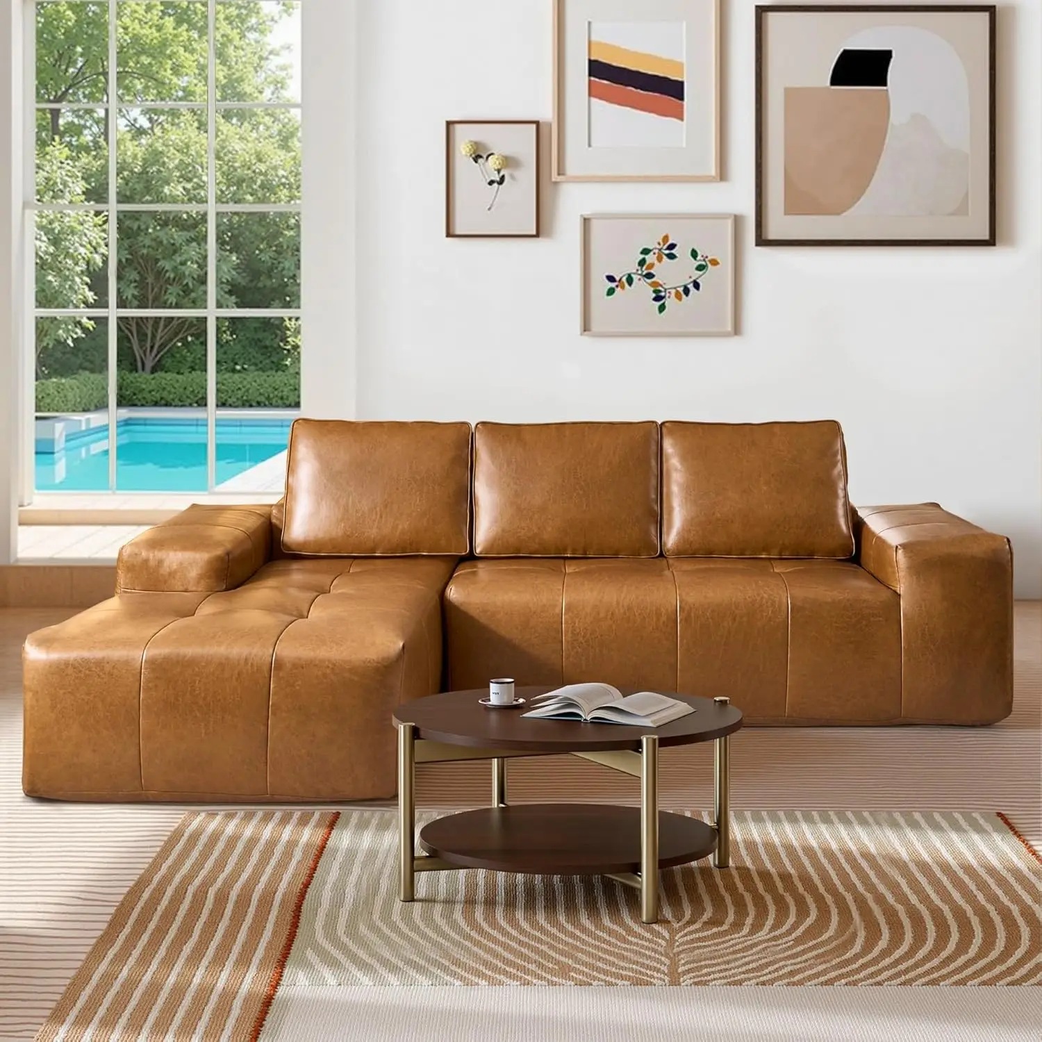 114" Leather Sectional Sofa with Deep Seat Chaise L Shape Minimalist Modular Sleeper Living Room Lounge Brown, Customized