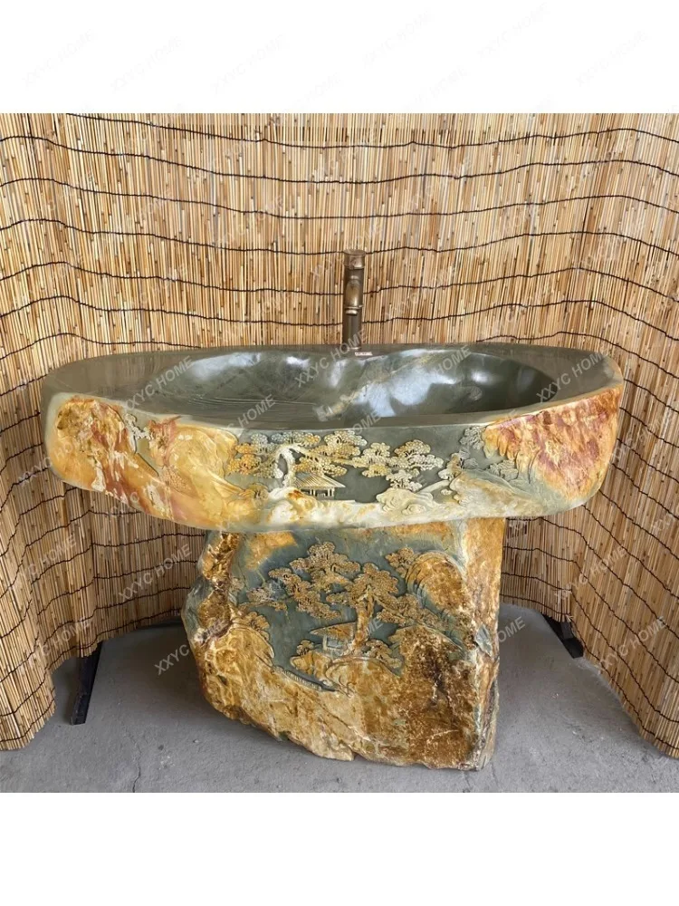 Natural Yan Stone Split Carved Wash Basin Households Rough Stone Laundry Tub Balcony Indoor Stone Sink