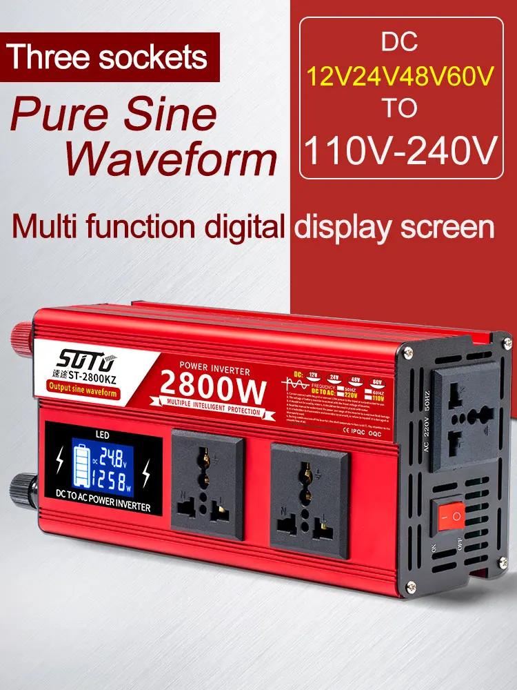 Universal Inverter DC 12V24V48V60V to 110V-240V LCD Screen Inverter 1600W/2200W/3000W Pure Sine Waveform Power Converter 50/60HZ