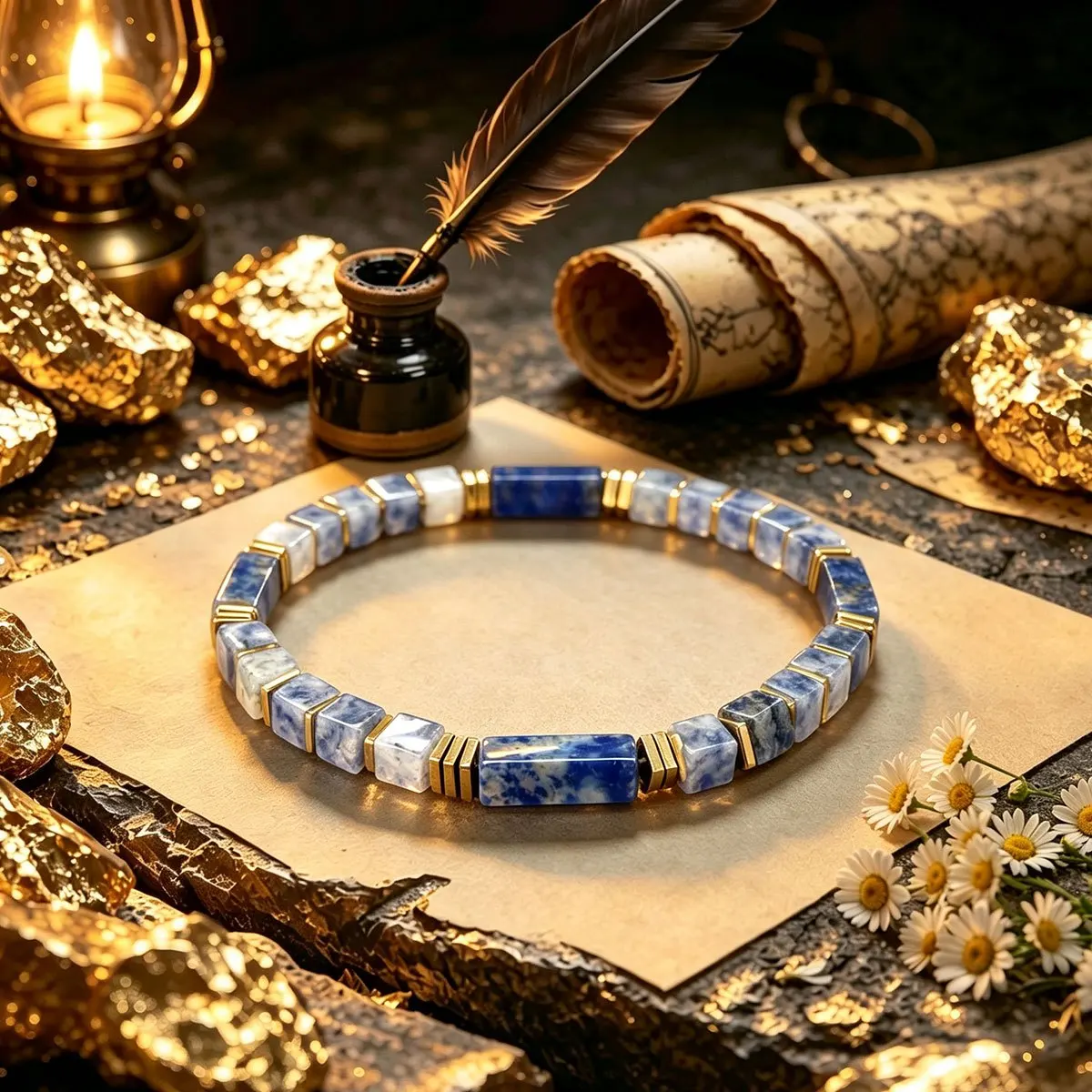 2pcs Blue gold stone sodium stone 5mm square bead braceletsymbolizing wealth and wisdom,suitable for daily wear by men and women