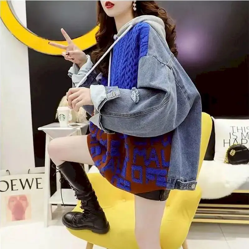 Sweat à capuche surdimensionné femmes mode à capuche Denim couture manteaux 2025 automne hiver tendance mi-longue vêtements chauds tricoté à capuche femme