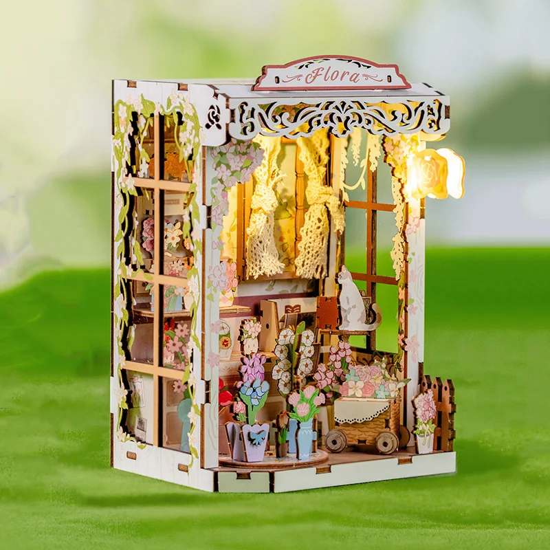 DIY Book Nook Wooden Miniature Model Kits Cozy Flower Shop Bookend 3D Puzzle with Light Bookshelf for Friends Birthday Gifts