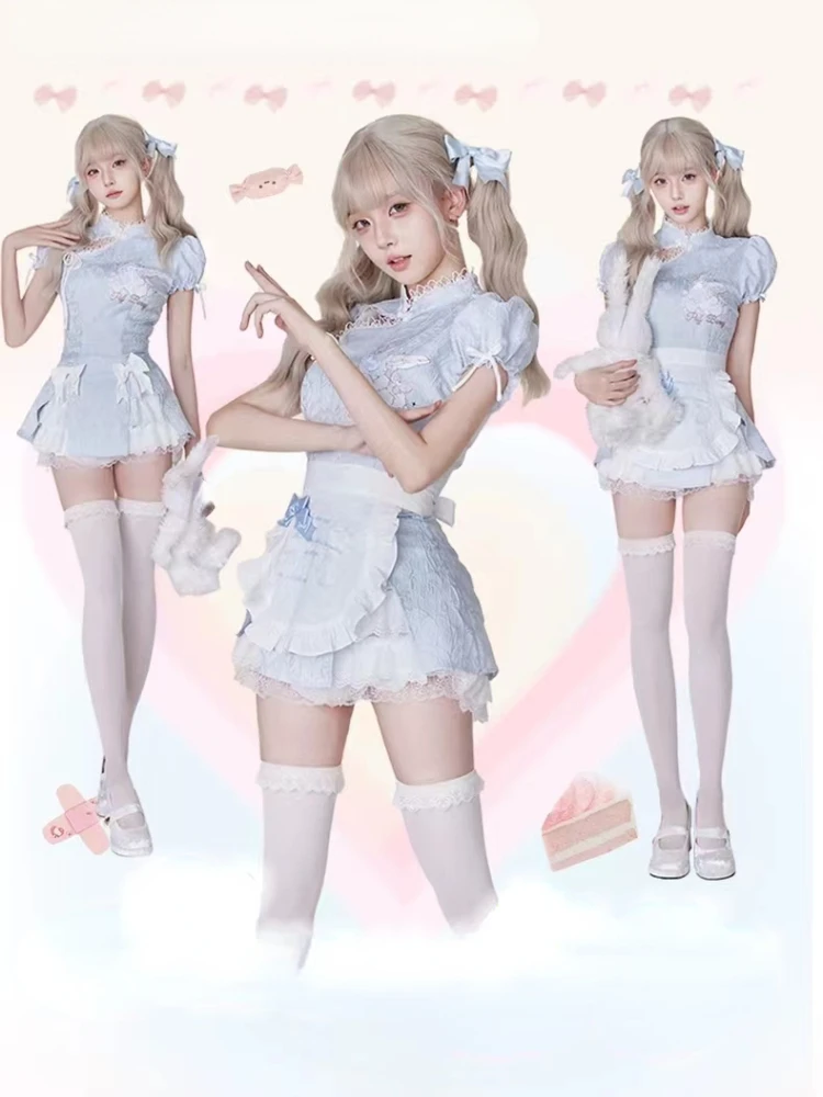 Woman Summer Kawaii Lolita Dress Set Women Casual Print Slim Mini Dress Sweet Cute Lace Dress Japanese Style Clothing Chic