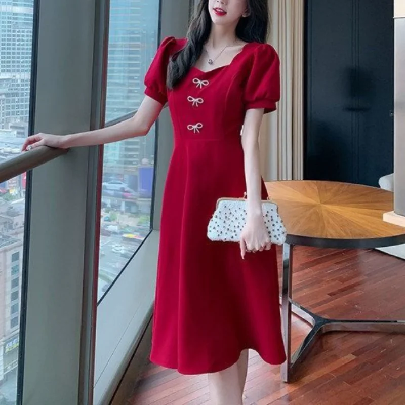 

Minimalist Korean 2024 Summer New Women's A-Line Solid Color Square Collar Spliced Bow Puff Sleeve Fashion Elegant Slim Dress