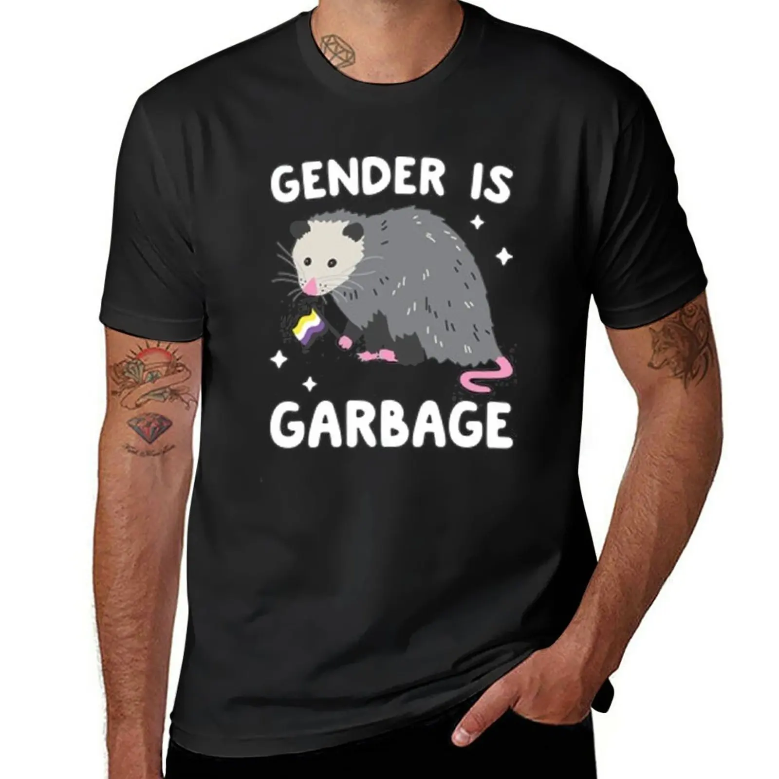 New GENDER IS GARBAGE NON-BINARY OPOSSUM T-Shirt animal print shirt for boys vintage clothes sweat shirts mens graphic t-shirts