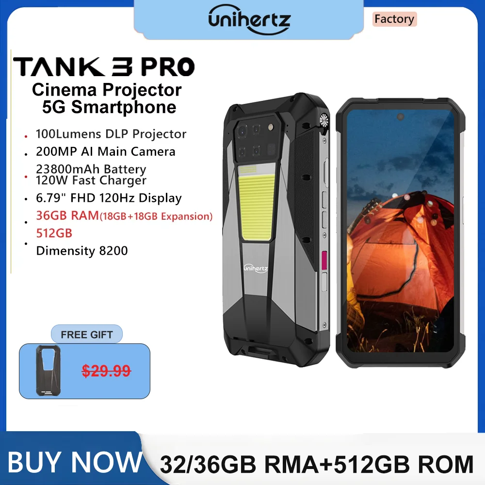 

Unihertz Tank 3 Pro 8849 Projector Smartphone Android 14 5G Phone, 32GB 512GB, 200MP Camera, Dimensity 8200, IP68, Bluetooth 5.3