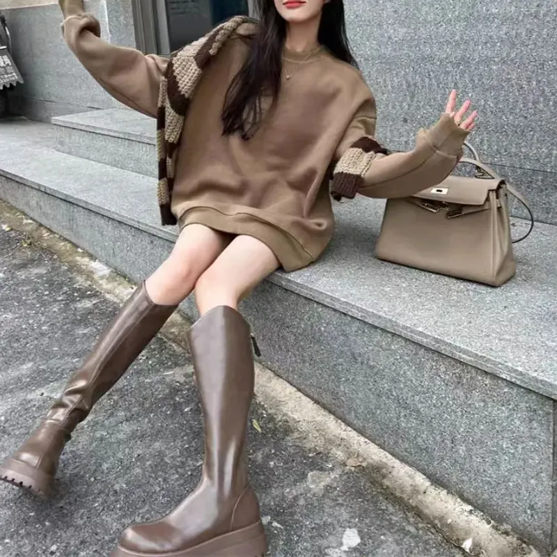 

Autumn Winter Stylish Solid Color Hoodies Casual O-Neck Pullovers Female Clothing Basic Loose Long Sleeve Vintage Sweatshirts