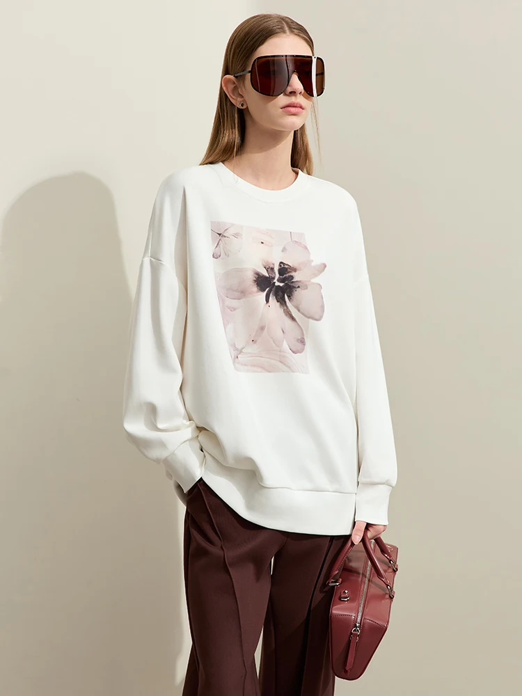 AMII Minimalism 2024 Spring New Hoodies Women Crew Neck Drop Sleeves Flowers Printed Loose Mid-length Streetwear Tops 12421008