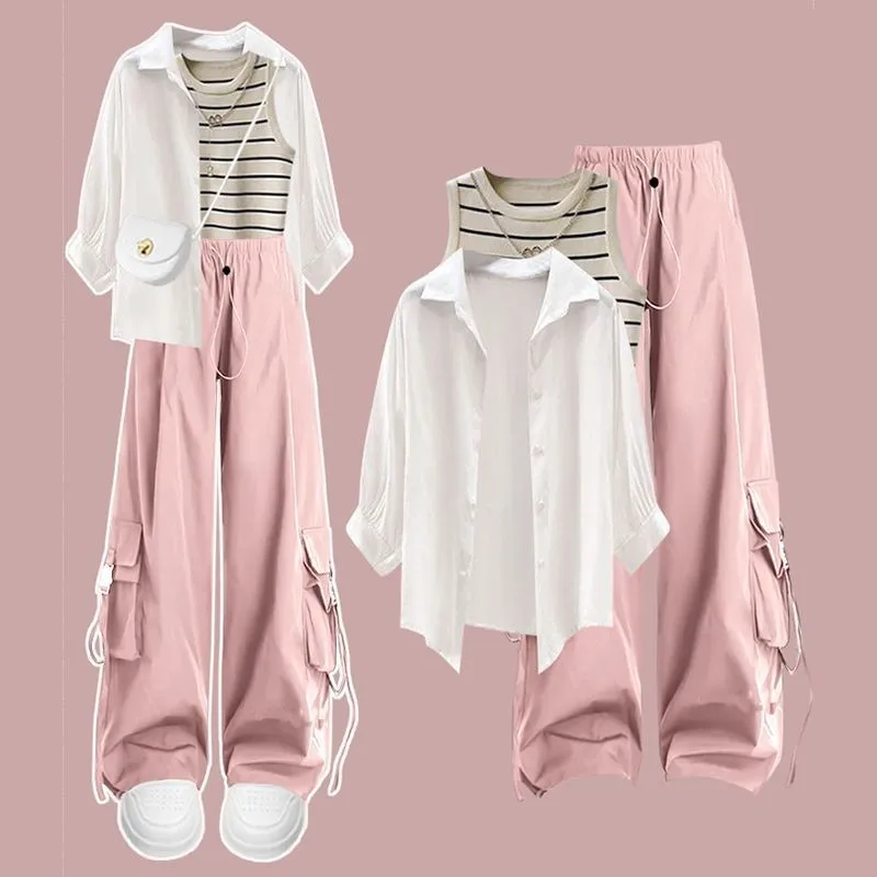 Women Spring Summer New Casual Tracksuit Suit Korean Elegant Shirt+Striped Vest+Cargo Pants 3-piece Female Loose Trousers Sets