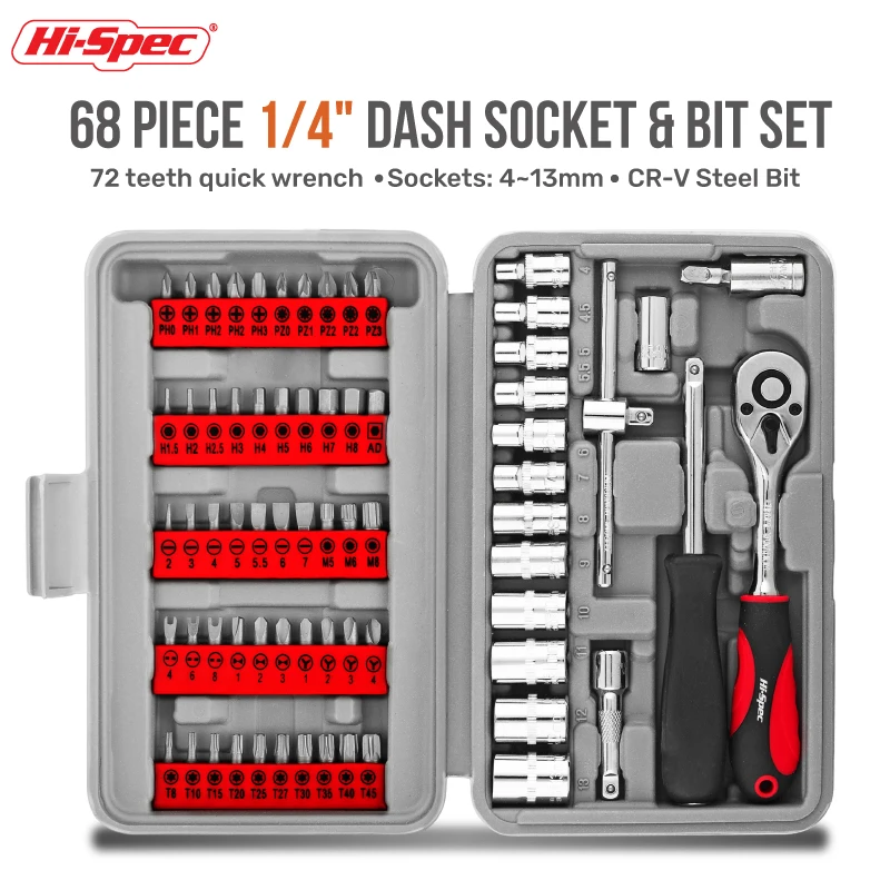 

Hi-Spec 68PCS 1/4-inch Socket Wrench Set Hand Tool Sets Car Repair Tool Kit Mechanical Tools Box Socket Ratchet Screwdriver Bits