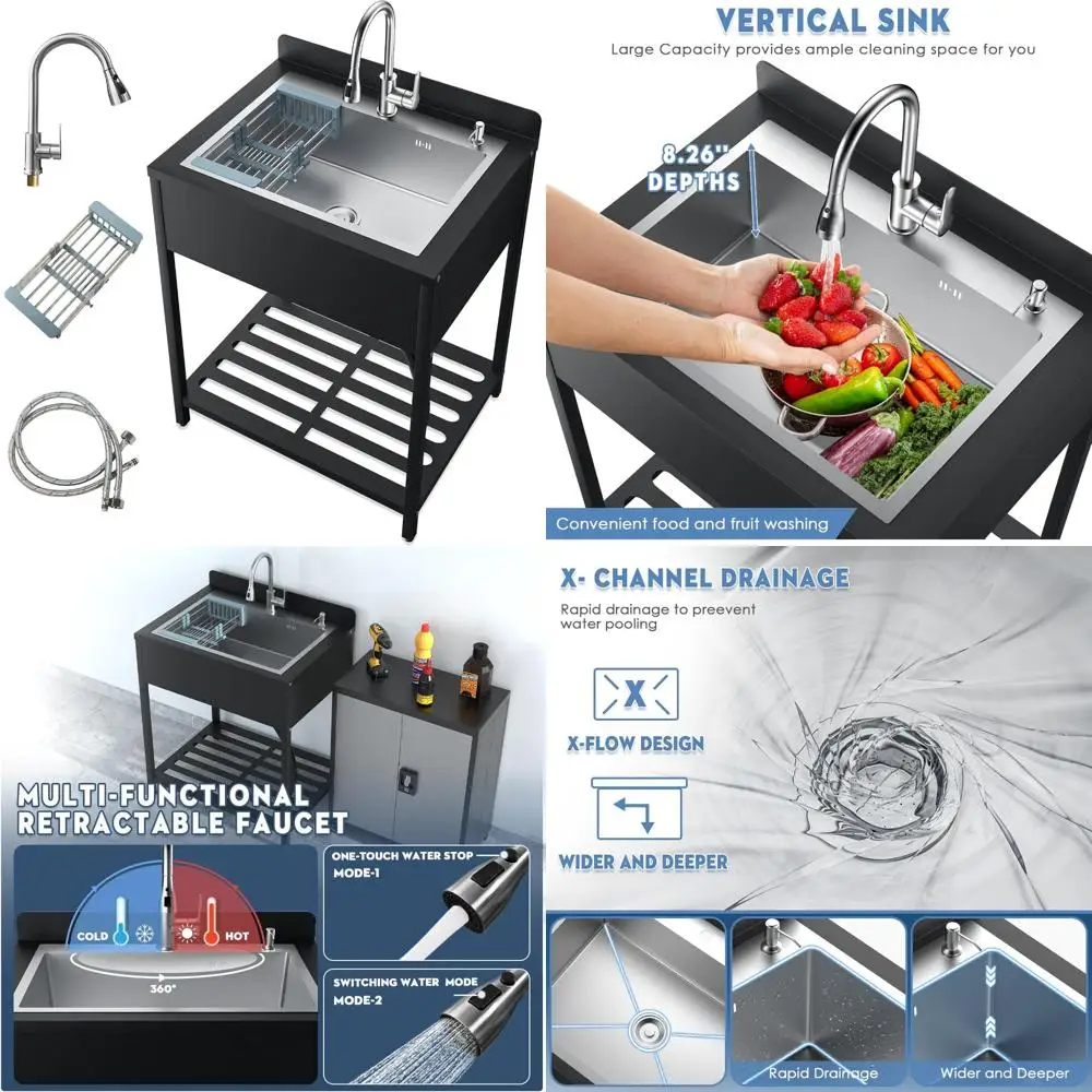 

33inch Stainless Steel Freestanding Utility Sink with Cold and Hot Water Faucet, Commercial Kitchen outdoor Sink with Hoses and