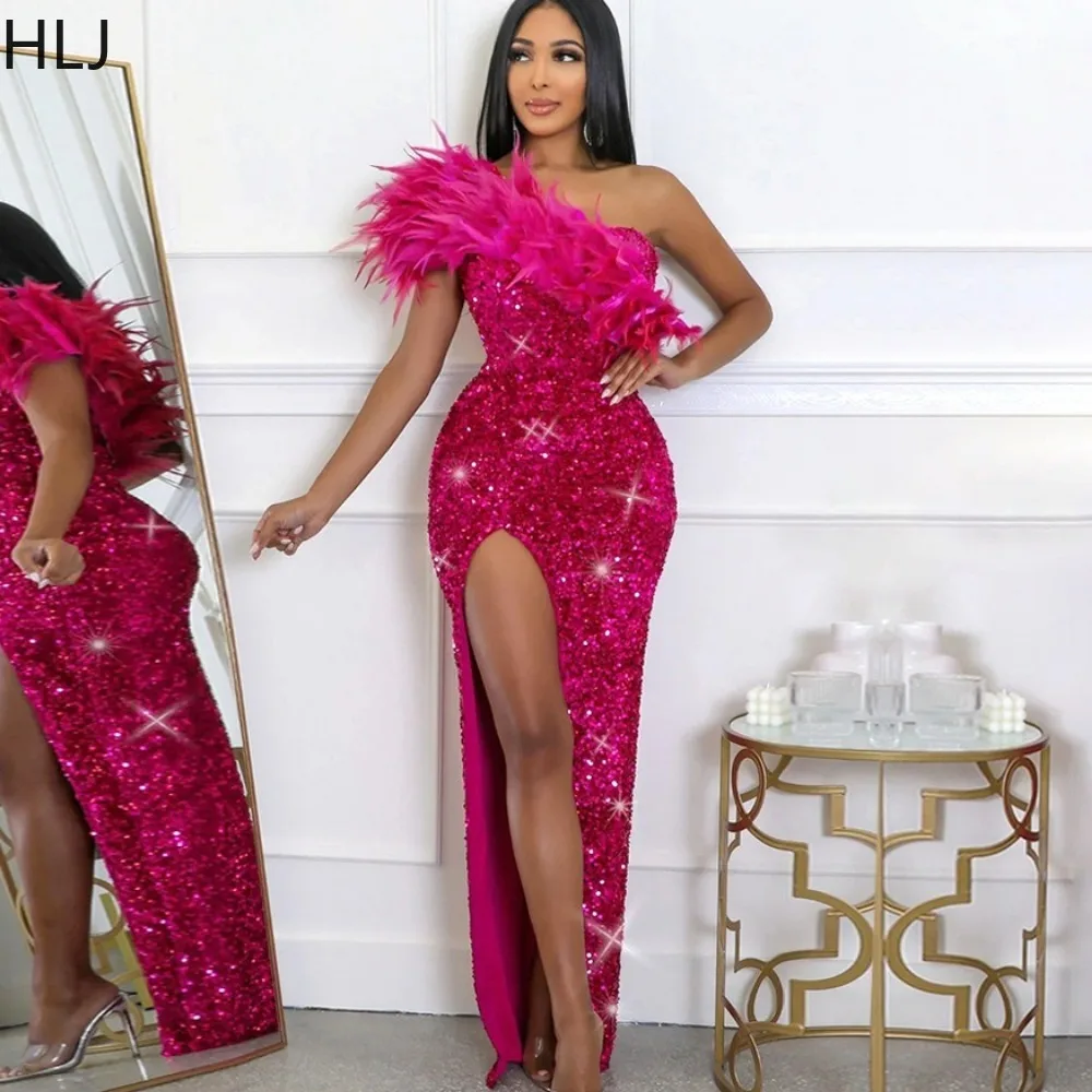 

HLJ Fashion Sequin Feather Splicing One Shoulder Evening Party Dresses Women Sleeveless High Slit Bodycon Vestidos Sexy Clothing