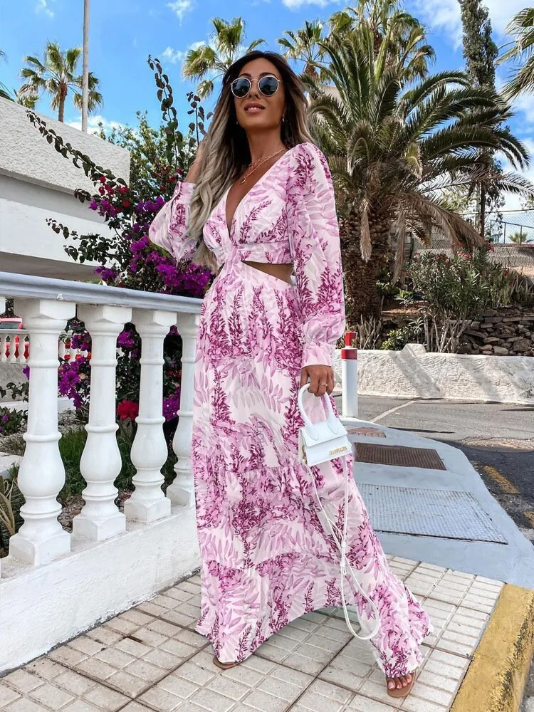 

2025 Fashion Spring And Summer New Long Printed V-neck Long Sleeve Temperature Dress Personalized Waist Hollow Long Swing Dress